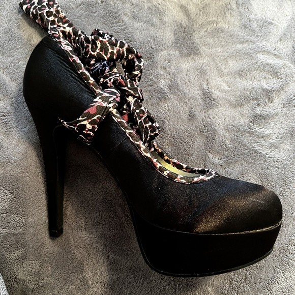 Makers Sz 10 Black Satin Platform Stiletto Heel Pink Leopard Ankle Lace Up Tie - Picture 4 of 14